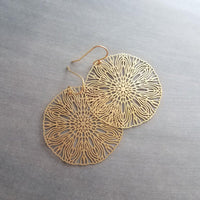 Large Gold Filigree Earrings, round gold earrings, thin earrings, cut out earrings, big earrings, floral earrings, big lightweight medallion - Constant Baubling