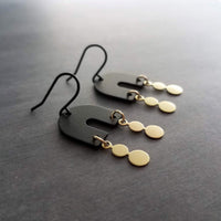 Gold Matte Black Earrings, black arch earring, semicircle shape, u-shape earring, black dangle earring, small dangles, brass drops, matt - Constant Baubling