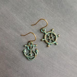 Boat Anchor Earring Set, wheel helm earring, boat earring, mismatched, nautical earring, patina earring, rustic bronze, blue green patina - Constant Baubling