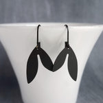 Matte Black Earrings, double leaf earring, black leaves, lever back earring, leverback, helicopter seed earring, asymmetrical earring, flat - Constant Baubling