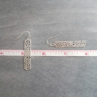 Silver Rectangle Earrings, skeleton leaf earring, matte silver filigree earring, long thin rectangle earring, narrow cut out design, small - Constant Baubling