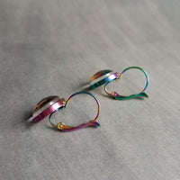 Peacock Feather Earrings, rainbow peacock, lever back earring, stainless steel, locking, bright color, colorful 1 inch earring, snap close - Constant Baubling