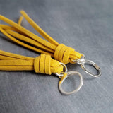 Long Tassel Earrings, faux suede tassel, goldenrod vegan leather tassel, harvest gold, mustard yellow, silver huggie hoop, round lever back - Constant Baubling