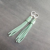 Mint Tassel Earrings, faux suede tassel, vegan leather tassel, long tassel, silver huggie hoop, mint blue, aqua blue round lever back, boho - Constant Baubling