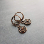 Tiny Copper Drop Earrings, aged copper earring, antique copper earring, small round dangle, little medallion, copper huggie hoop, lever back - Constant Baubling