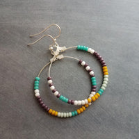 Beaded Silver Hoop Earrings, thin circle earring, beaded hoop, seed bead earring, beaded earring, mint, mustard, turquoise, plum brown, tiny - Constant Baubling