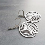 Palm Leaf Earrings, stainless steel earring, silver palm leaf, tropical earring, silver circle earring, lever back earring, hypoallergenic - Constant Baubling