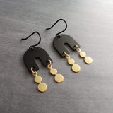 Gold Matte Black Earrings, black arch earring, semicircle shape, u-shape earring, black dangle earring, small dangles, brass drops, matt - Constant Baubling