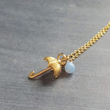 Rain Umbrella Necklace, matte gold umbrella, tiny umbrella, umbrella pendant, small umbrella, blue raindrop necklace, rainy day wet weather - Constant Baubling