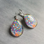 Bright Floral Earrings, stainless steel earring, hypoallergenic, large teardrop, pear shape, embroidery style, colorful, silver lever back - Constant Baubling