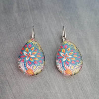 Bright Floral Earrings, stainless steel earring, hypoallergenic, large teardrop, pear shape, embroidery style, colorful, silver lever back - Constant Baubling