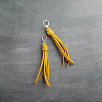 Long Tassel Earrings, faux suede tassel, goldenrod vegan leather tassel, harvest gold, mustard yellow, silver huggie hoop, round lever back - Constant Baubling