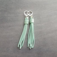 Mint Tassel Earrings, faux suede tassel, vegan leather tassel, long tassel, silver huggie hoop, mint blue, aqua blue round lever back, boho - Constant Baubling