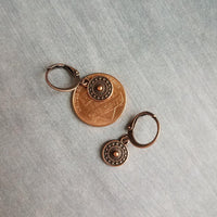 Tiny Copper Drop Earrings, aged copper earring, antique copper earring, small round dangle, little medallion, copper huggie hoop, lever back - Constant Baubling