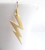 Lightning Bolt Earring - silver or gold SHAZAM charm, high voltage storm weather dangle on simple ear hooks, long jagged zig zag shape - Constant Baubling