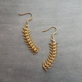 Gold Arrow Earrings, modern earring, chevron earring, fishbone earring, spine earring, vertebrae earring, feather earring, long gold dangle - Constant Baubling