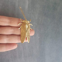 Large Cicada Earrings, gold bug earring, huge gold insect, big bug earring, gold insect jewelry, gold bug dangle, latching kidney ear hook - Constant Baubling