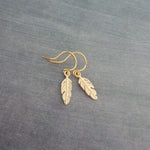 Tiny Gold Feather Earrings, small feather earring, tiny feather earring, gold feather charm, little feather dangle, simple gold feather - Constant Baubling