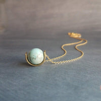 Gold Stone Necklace, eclipse necklace, turquoise blue stone, light blue stone pendant, howlite necklace, gold semicircle, modern half circle - Constant Baubling