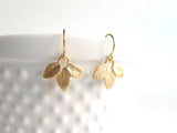 Gold Leaves Earrings, small leaf earring, leaf dangle earring, leaflet earring, 3 leaf earring, matte gold leaf, bridesmaid wedding jewelry - Constant Baubling